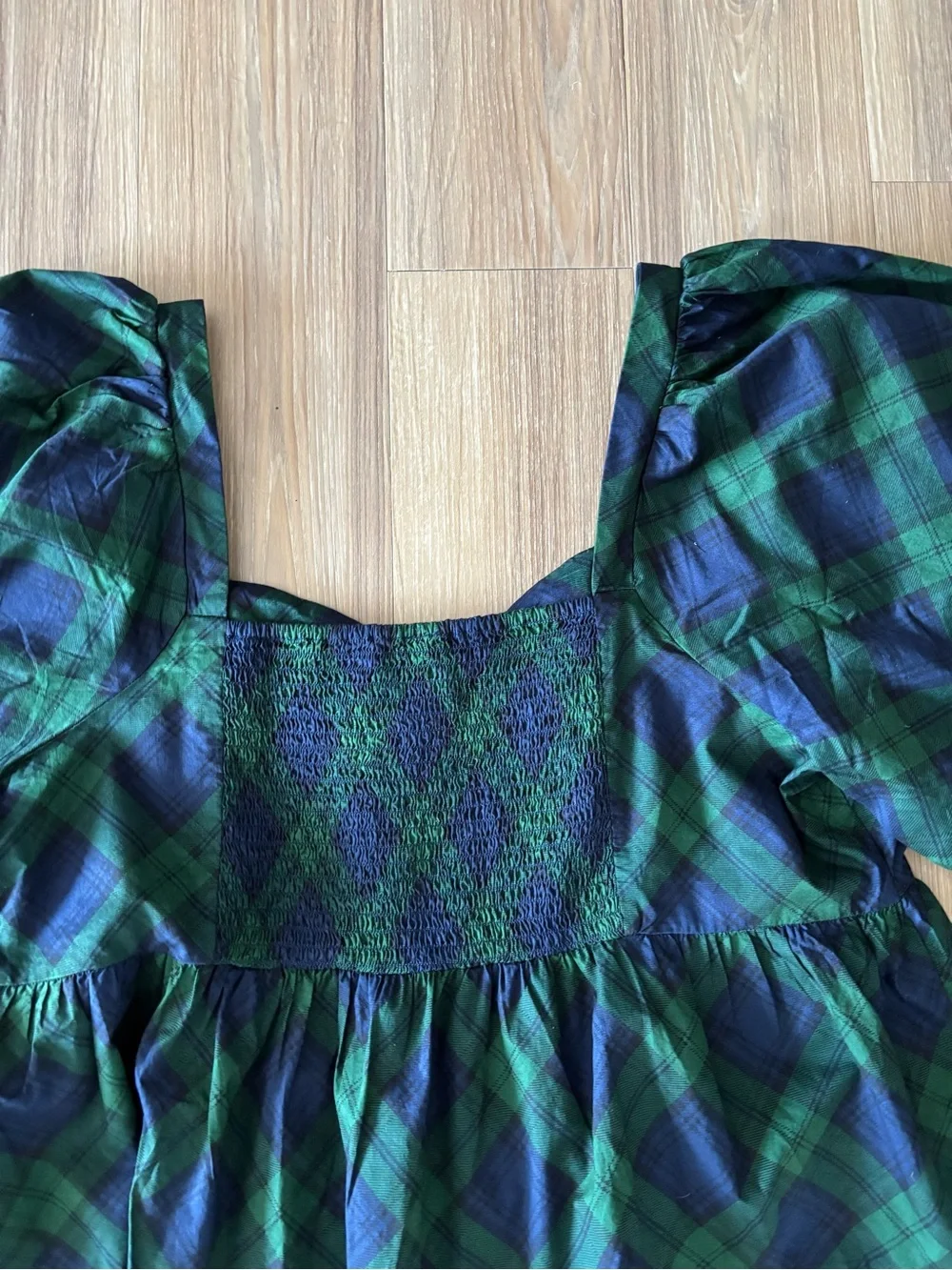 Old Navy Top Plaid Puff Sleeve Poplin Peplum Blue Green Womens 3X NWT Preppy